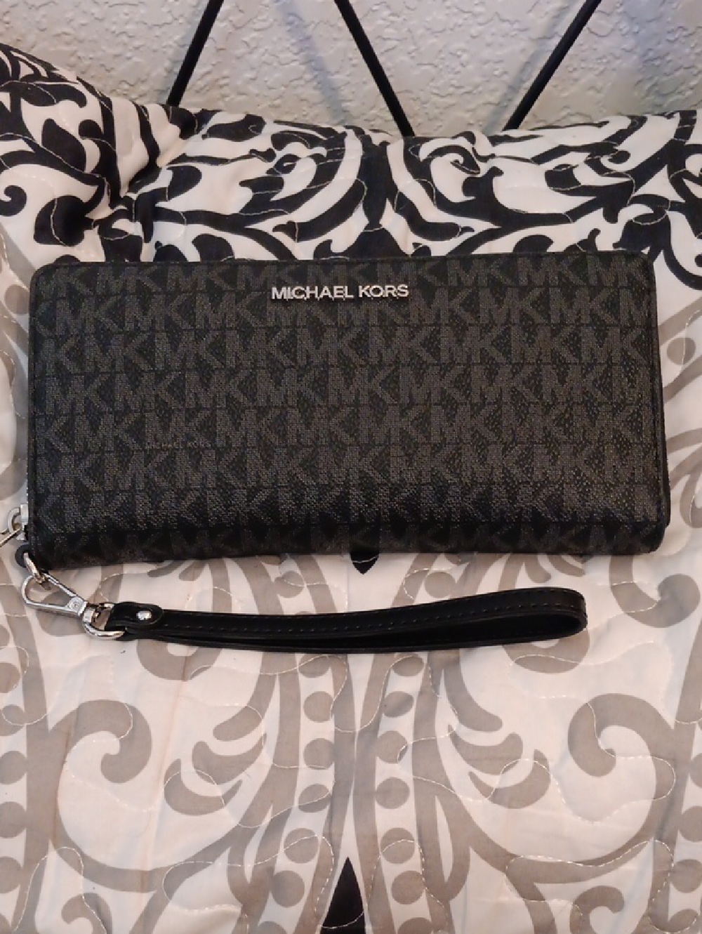 Michael Kors Black Leather Wristlet with Silver Hardware